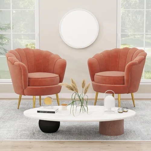 Miniatura 7 de DAGONHIL Silla decorativa tapizada moderna de mediados de siglo, silla de tocador de pétalos, sofá individual de terciopelo retro con patas de metal