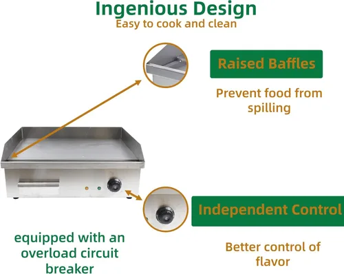 Miniatura 4 de Plancha eléctrica antiadherente de 4400 W, parrilla termostática de doble control de 572 °F/572.0 °F con disyuntor de sobrecarga, parrilla