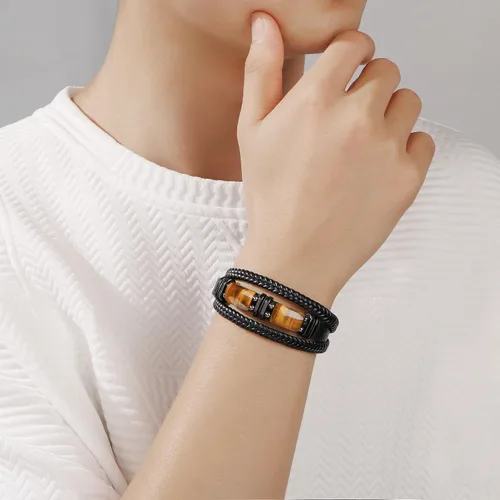 Miniatura 3 de Mens Leather Bracelets for Him Son Birthday Gift for Boyfriend Husband Brother Father's Day Gifts for Dad To My Men Bracelet with 2 Tiger Eyes for