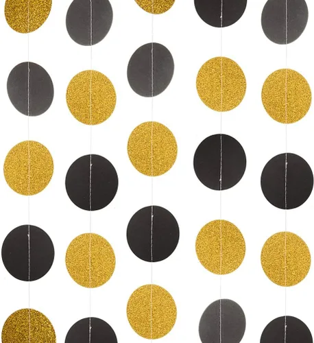 WEVEN Guirnalda de papel negra y dorada brillante, pancarta banderín serpentina colgante para decoraciones de fiesta, 2.5 pulgadas de diámetro, 20