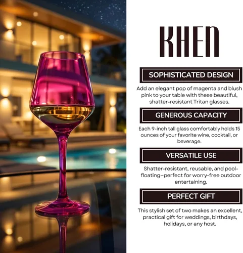 Miniatura 5 de Copas de vino de color rosa intenso irrompibles, flotantes para piscina, juego de 2 unidades, vasos Tritan, color magenta irrompible y rosa rubor