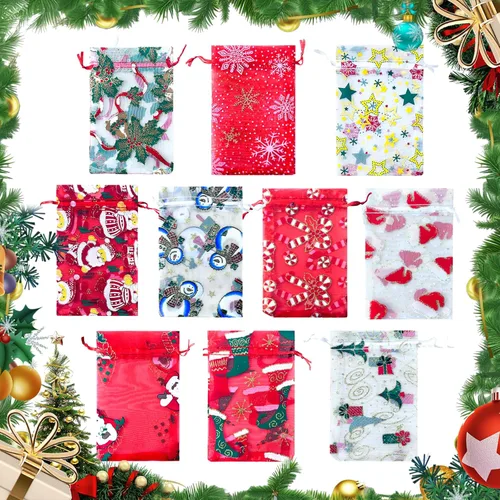 50 bolsas de organza de Navidad, 4 x 6 pulgadas, pequeñas bolsas de regalo de Navidad con cordón, bolsas de malla para regalo rojo (Red-christmas)