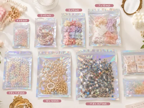 Miniatura 4 de Paquete de 150 bolsas holográficas de Mylar de 5 x 8 pulgadas con ventana transparente, pequeñas bolsas de papel de aluminio resellables