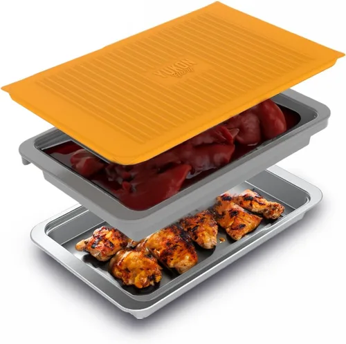 Yukon Glory Prep 'N Serve - Juego de bandeja para preparar y servir BBQ con tapa + Plato para servir de acero inoxidable - Apilable, apto para