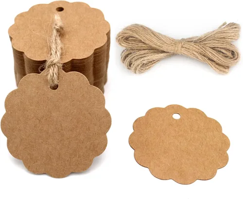G2PLUS 100 etiquetas de regalo de papel festoneado para manualidades con cordeles de yute natural, etiquetas de regalo redondas de 2.4 pulgadas,