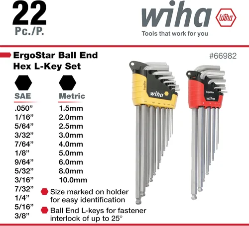Miniatura 3 de Wiha 66982 ErgoStar - Juego de llaves hexagonales en L con extremo de bola, 22 piezas, pulgadas y métricas, acabado cromado, soporte duradero