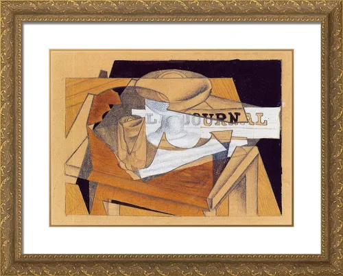 ArtDirect Gris, Juan 24x20 Gold Ornate Framed Art Print with Double Matting Titled: Bowl Glass and Newspaper Gold Ornate Wood Frame with Double