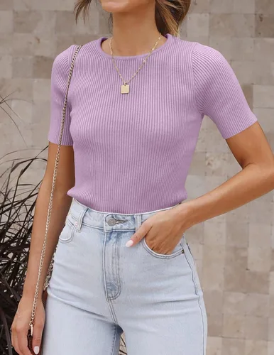 Miniatura 8 de ZESICA Camiseta de manga corta con cuello redondo y punto acanalado para mujer, ajustada, camiseta básica de verano 2023 de color sólido