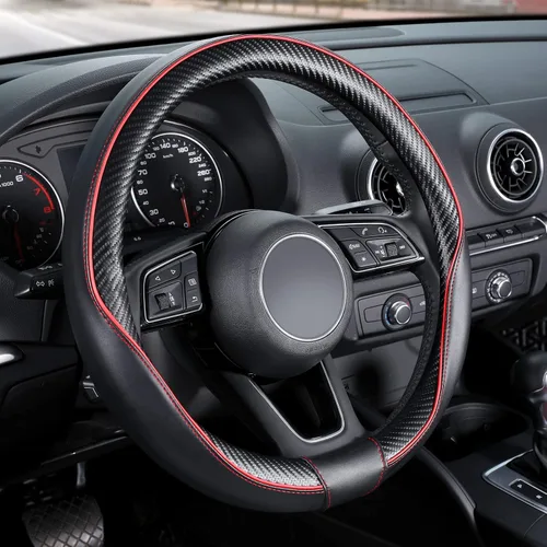 SEG Direct - Funda universal para volante de coche, tamaño estándar de 14 1/2 a 15 pulgadas, cuero con patrón de fibra de carbono, negro y rojo