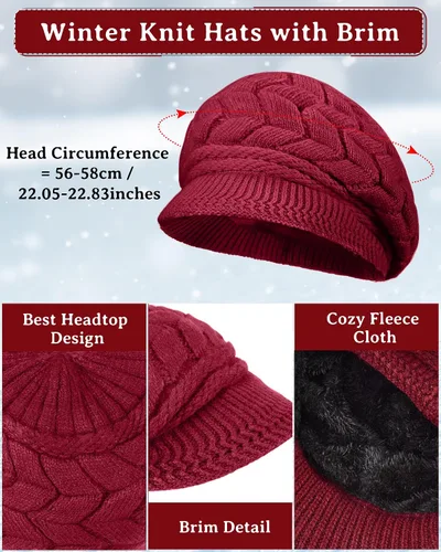 Miniatura 2 de SATINIOR Juego de 4 gorros y guantes de invierno para mujer, gorro de punto cálido, gorro de esquí de nieve con visera y guante para pantalla rojo