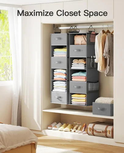 Miniatura 5 de Pipishell Organizador colgante de armario con 6 estantes, estantes colgantes para armario con 3 cajones extraíbles y bolsillos laterales
