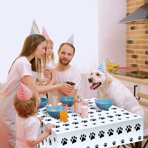 Miniatura 4 de Tatuo Mantel de plástico con estampado de patas de cachorro, 2 piezas, desechable, decoración de fiesta de cumpleaños con temática de cachorros
