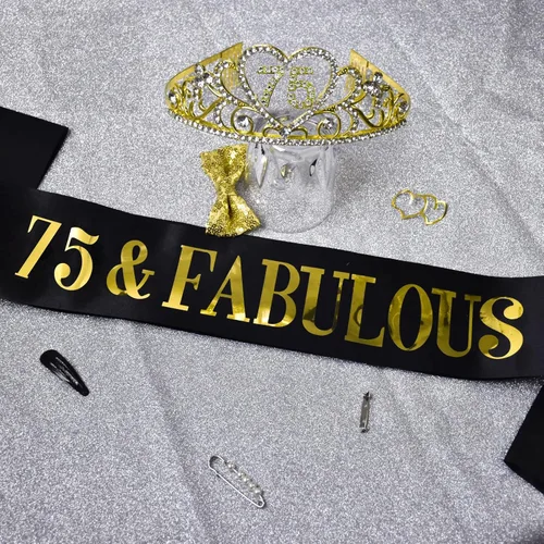 Miniatura 8 de Kit de tiara y banda de cumpleaños número 75 – '75 y fabuloso' banda negra y corona de diamantes de imitación dorados para mujer 75 cumpleaños
