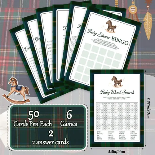 Miniatura 2 de Ctosree 302 piezas de cuadros de tartán verde y azul con estampado de caballo para baby shower, juegos de acuarela para baby shower, 6 juegos, 50