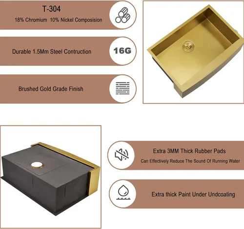 Miniatura 6 de HOTIS Gold Fregadero de Granja, Fregadero de Cocina de 30 Pulgadas Dorado, Delantal Plano Delantero Bajo Montaje Fregadero de Granja, Fregadero