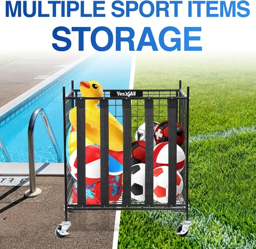Miniatura 5 de YES4ALL Carrito de almacenamiento de bolas rodantes con ruedas bloqueables, soporte de baloncesto de voleibol, cubo de pelotas de juguete, jaula