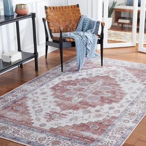 Miniatura 18 de SAFAVIEH Alfombra lavable Tucson Collection - 2 pies 6 pulgadas x 4 pies, beige y azul, antideslizante, ideal para zonas de alto tráfico en entrada