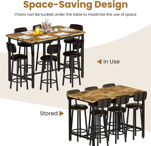 Miniatura 7 de Recaceik Juego de mesa de comedor de 50 pulgadas para 6, juego de mesa de bar de 7 piezas con taburetes tapizados, moderno juego de pub que ahorra