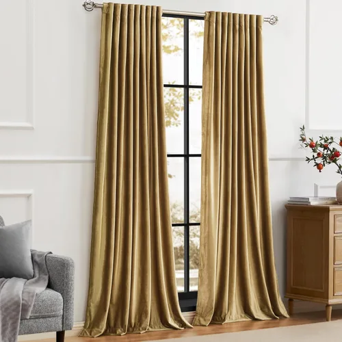 Miniatura 7 de Cortinas opacas de terciopelo dorado de 108 pulgadas para sala de estar, totalmente opacas, elegantes, 2 paneles con pestaña trasera, aislamiento