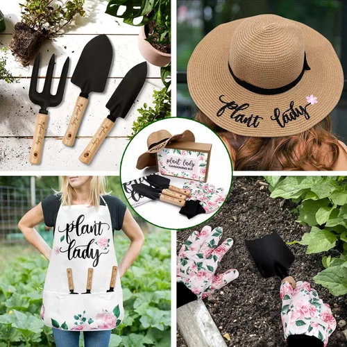 Miniatura 2 de Percozzi Plant Lady - Herramienta de jardinería para mamá, kit de herramientas de jardinería, sombrero de paja, delantal floral, guante para su