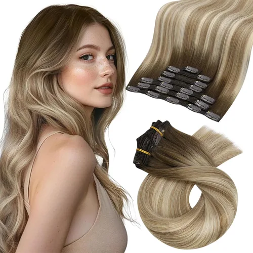 Miniatura 34 de Moresoo Extensiones de cabello humano Remy con clip, color rubio platino, extensiones de cabello humano real de doble trama, color rubio #60, 18