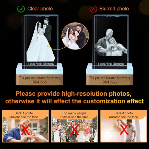 Miniatura 7 de Nameinhea Foto personalizada en cristal 3D con texto, marcos de fotos de cristal personalizables, regalo personalizado con tu propia foto