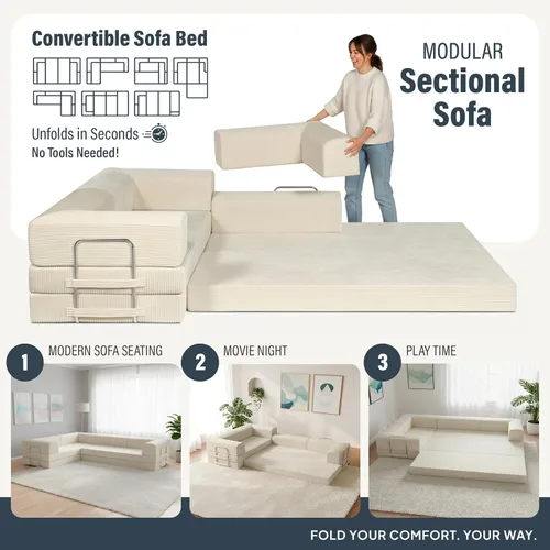 Miniatura 4 de TUFT & FINCH Sofá comprimido en forma de L de alta calidad, cama y asientos de 3 plazas, sofás seccionales convertibles para sala de estar, oficina