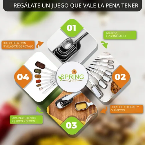 Miniatura 7 de Spring Chef Juego de 7 cucharas medidoras de acero inoxidable con nivelador, cucharadita de metal rectangular y cucharada medidora para ingredientes