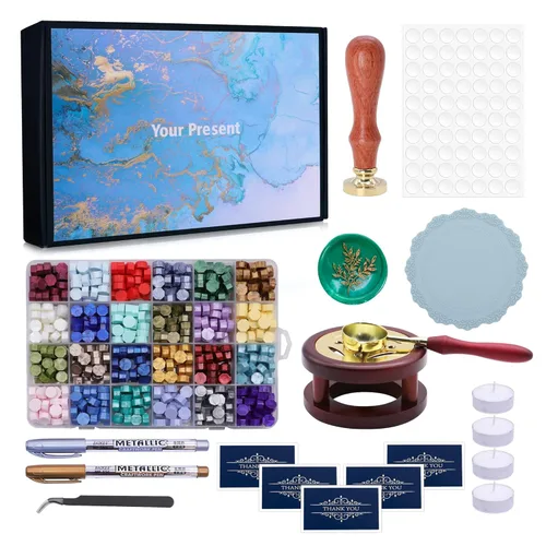 Miniatura 8 de SWANGSA Kit de sellado de cera con caja de regalo, 24 colores, 700 cuentas de cera de sellado con sello de eucalipto, horno, bolígrafo, tarjetas