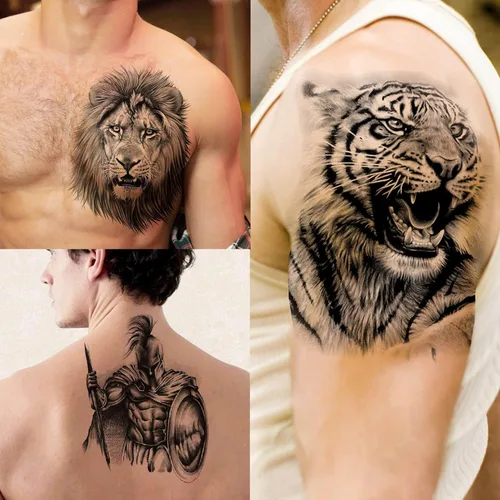 Miniatura 2 de 49 hojas de tatuajes temporales tribales negros para mujeres, hombres, adultos, brazo, cuerpo, de larga duración, lobo maorí, tigre, león, guerrero