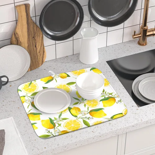 Miniatura 6 de Tapete de secado de platos de limón para encimera de cocina, de 16 x 18 pulgadas, tapete de secado de microfibra pequeña con acuarela, limón