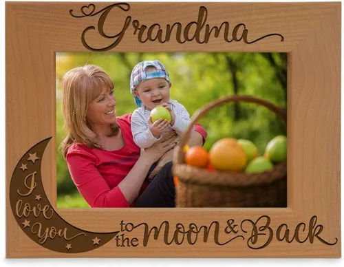 KATE POSH - Marco de fotos de madera natural grabado con texto en inglés "Grandma I Love You to the Moon and Back", regalos para el Día de la Madre
