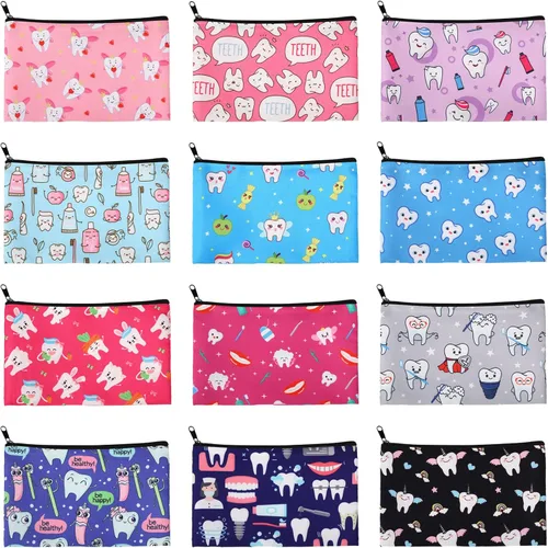 Saintrygo Bolsa de maquillaje de dientes de 12 piezas, bonita bolsa de cosméticos para enfermeras, dentistas dentales, regalo colorido, bolsa de