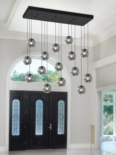 Miniatura 53 de ykolupty Escalera LED de 10 luces LED moderna con globo de cristal, lámpara colgante grande para techos altos, accesorios de iluminación de entrada