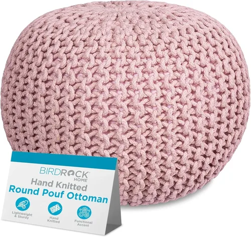Miniatura 17 de BIRDROCK HOME Puf Otomano Redondo Taburete de Pie de Algodón Trenzado con Relleno de Frijoles Reposapiés Bohemio para Sala de Estar y Dormitorio