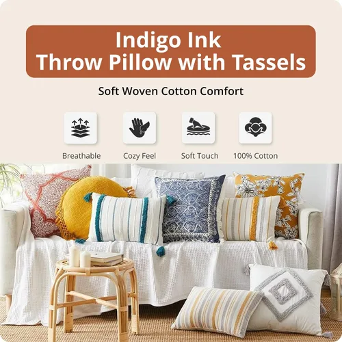 Miniatura 2 de Indigo Ink - Almohada decorativa, almohada de rayas acolchadas con borlas, almohadas decorativas para sofá o cama, decoración bohemia para el hogar