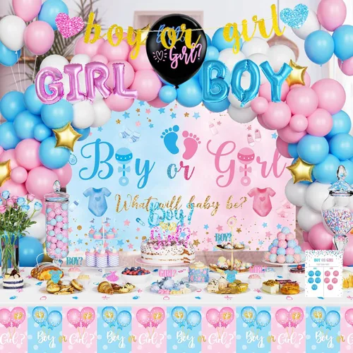 Miniatura 7 de Hombae - 170 piezas de decoraciones para revelación de género “cajas de bebé”, con fondo, guirnalda de globos, pancarta, mantel
