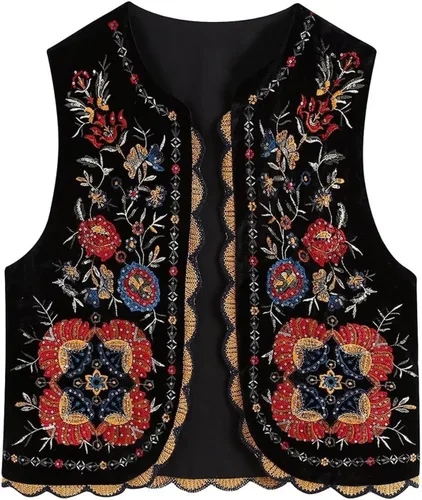 Cárdigan sin mangas bordado floral para mujer, estilo bohemio, vintage, Y2K, recortado, cárdigans, tops y chaleco, ropa de calle