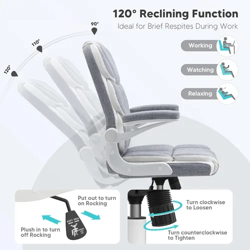 Miniatura 5 de SEATZONE Silla de escritorio de oficina cómoda con reposabrazos abatibles, cómoda silla de escritorio ejecutiva de lino con respaldo medio, altura