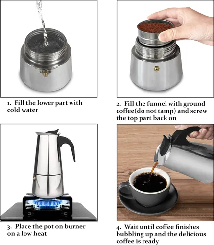 Miniatura 5 de elabo Máquina de café expreso y olla Moka para estufa de gas o cerámica eléctrica, cafetera italiana para espresso italiano, capuchino y café