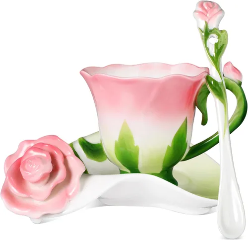 Dandat Juego de tazas y platillos de té de rosas de cerámica con cuchara, taza y salsa en forma de flor de rosa, tazas de té de 6 onzas, taza de