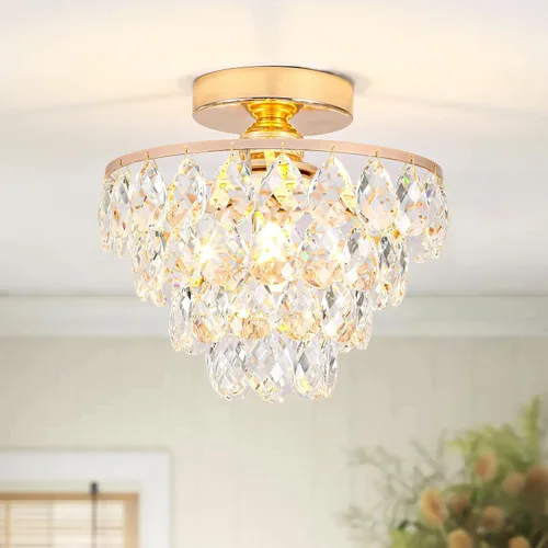 Miniatura 10 de Luupyia Mini Candelabro de Cristal Lámpara de Techo Pequeña, Moderna Lámpara de Techo de Cristal para Pasillo Accesorios Superiores Montaje Semi