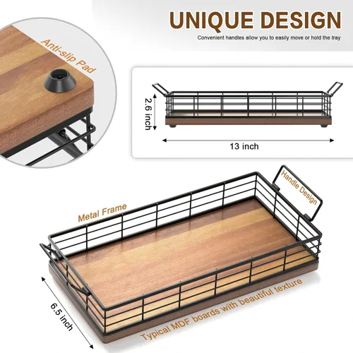 Miniatura 6 de Cesta de papel higiénico de acacia, bandeja de 13 pulgadas para almacenamiento de artículos de aseo en la parte superior del inodoro, organizador