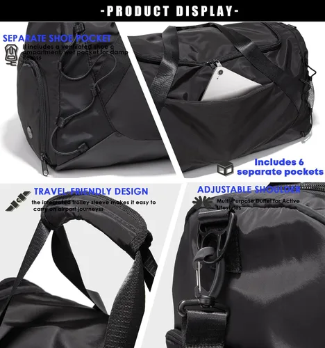 Miniatura 6 de Bolsa de gimnasio para mujeres y hombres, bolsa de lona para viajes con compartimento para zapatos y bolsillo húmedo, bolsa pequeña de mano