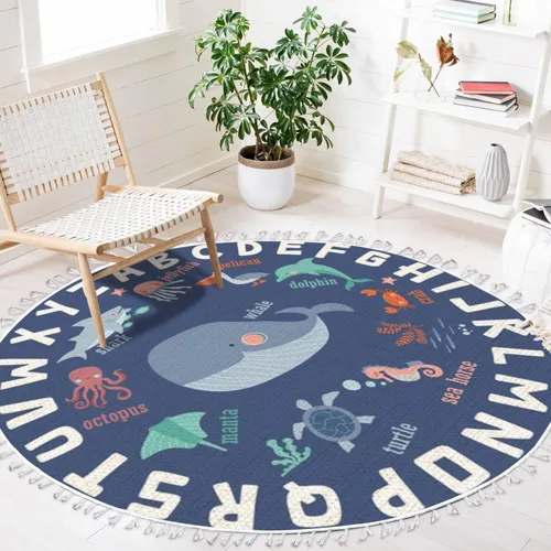 ABC - Alfombra redonda con tema oceánico de ballena, para niños, niñas, dormitorio, cuarto de bebé, sala de juegos, 4 pies, lino y algodón, lavable,