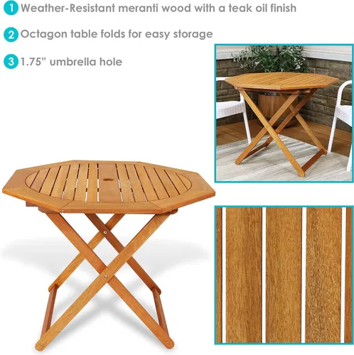 Miniatura 4 de Sunnydaze Meranti - Mesa plegable de madera para exteriores con agujero para sombrilla - Mesa de patio plegable para comedor y reuniones - Acabado