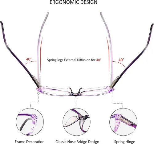 Miniatura 6 de VisionGlobal 5 Pairs Reading Glasses with Spring Hinge, Blue Light Blocking Glasses for Women/Men Gracia-púrpura