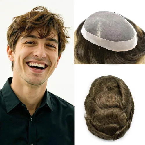 Miniatura 14 de Mens Toupee Hair Pieces sistema de reemplazo para hombres cabello humano real fino mono toupee para hombres sistema de cabello protesis capilar