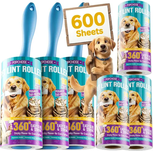 POPCHOSE Rodillos de pelusa para pelo de mascotas extra pegajosos, 600 hojas extra pegajosos para pelo de mascotas, 3 asas y 6 rollos adhesivos,