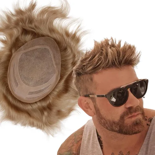 Miniatura 19 de Pelucas para hombre, tupé para hombre, unidad de tejido de cabello humano virgen europeo para hombre, tupé, mono encaje superior, piel sintética, 1B